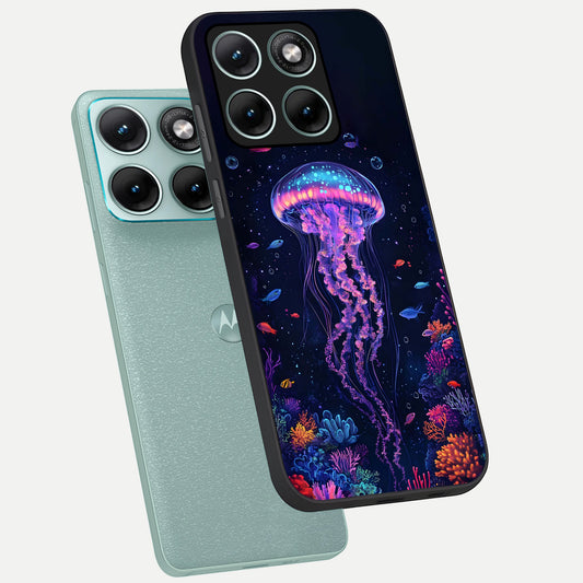  Neon Jellyfish phone case For Moto Edge 70 Fusion showing premium glass back cover with detailed artwork