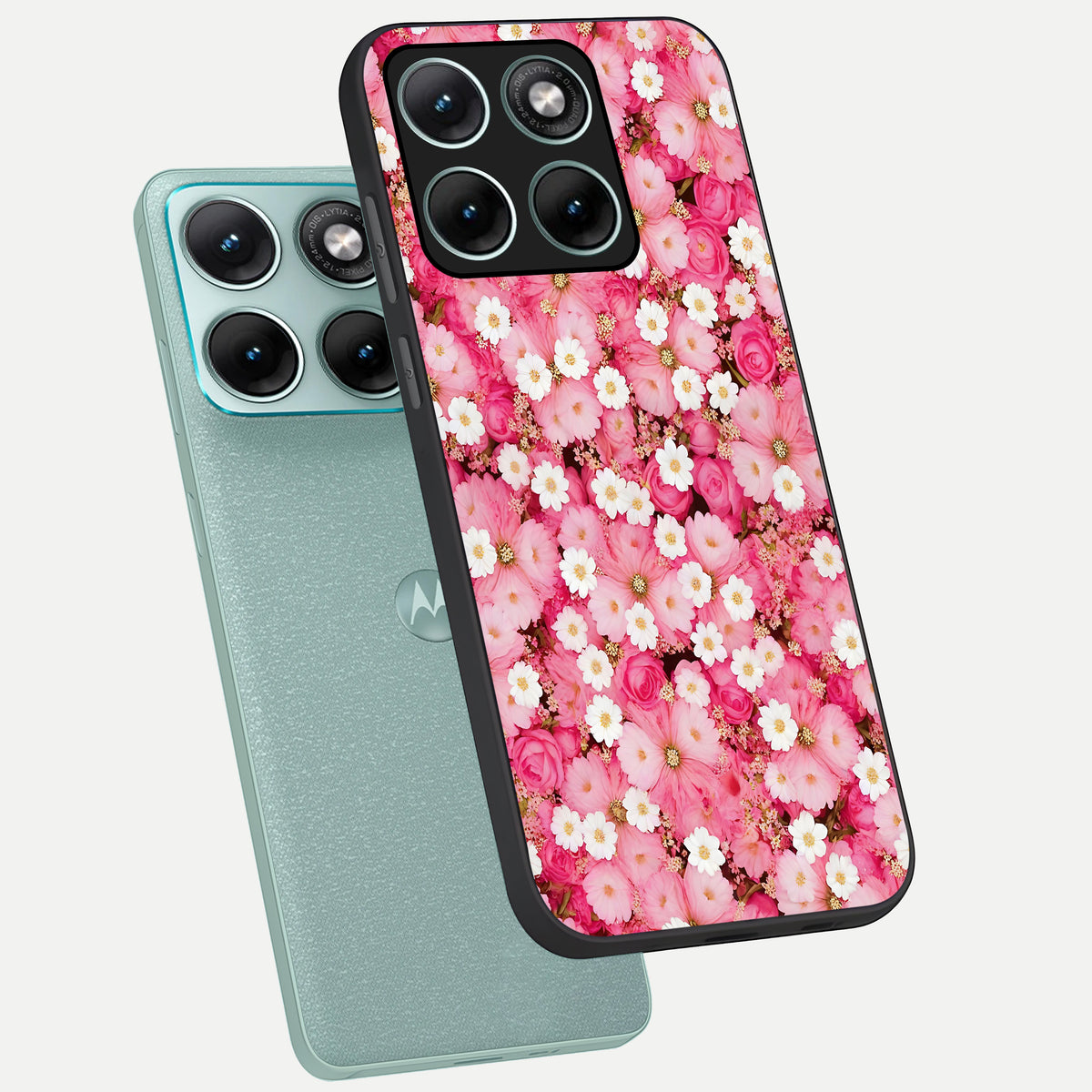  Pink Daisy Bliss phone case For Moto Edge 70 Fusion showing premium glass back cover with detailed artwork