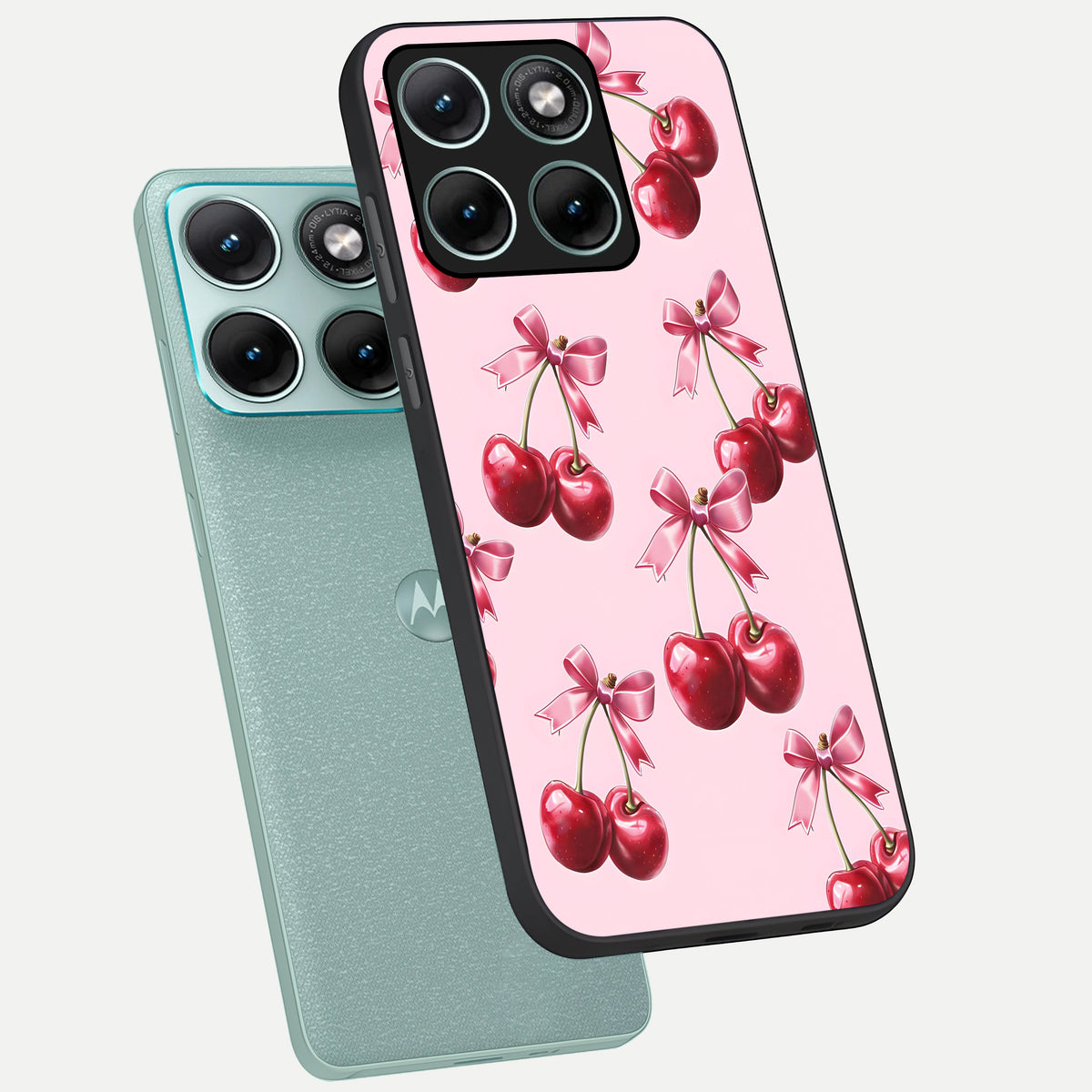  Red Cherries Pattern phone case For Moto Edge 70 Fusion showing premium glass back cover with detailed artwork
