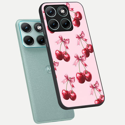  Red Cherries Pattern phone case For Moto Edge 70 Fusion showing premium glass back cover with detailed artwork