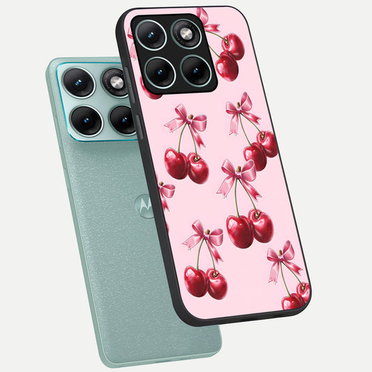  Red Cherries Pattern phone case For Moto Edge 70 Fusion showing premium glass back cover with detailed artwork