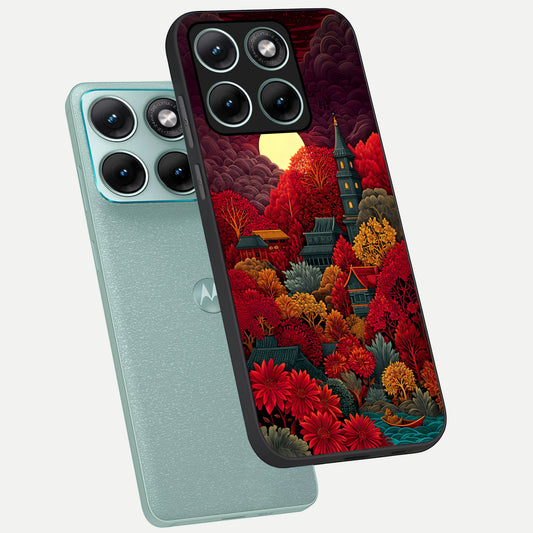  Scarlet Autumn Temple phone case For Moto Edge 70 Fusion showing premium glass back cover with detailed artwork