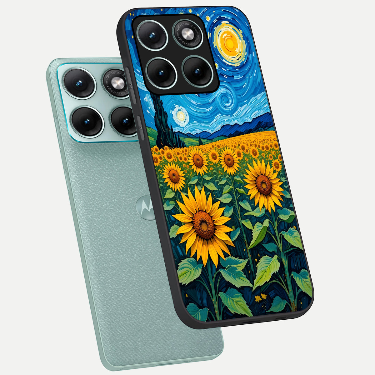  Starry Sunflower Dreams phone case For Moto Edge 70 Fusion showing premium glass back cover with detailed artwork