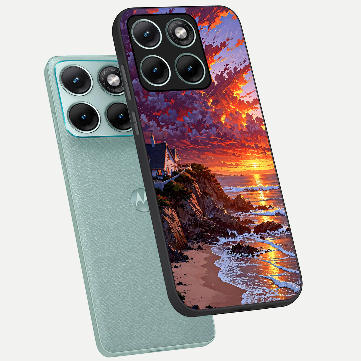  Sunset House By Sea phone case For Moto Edge 70 Fusion showing premium glass back cover with detailed artwork