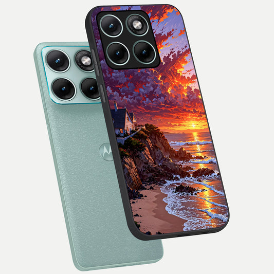  Sunset House By Sea phone case For Moto Edge 70 Fusion showing premium glass back cover with detailed artwork