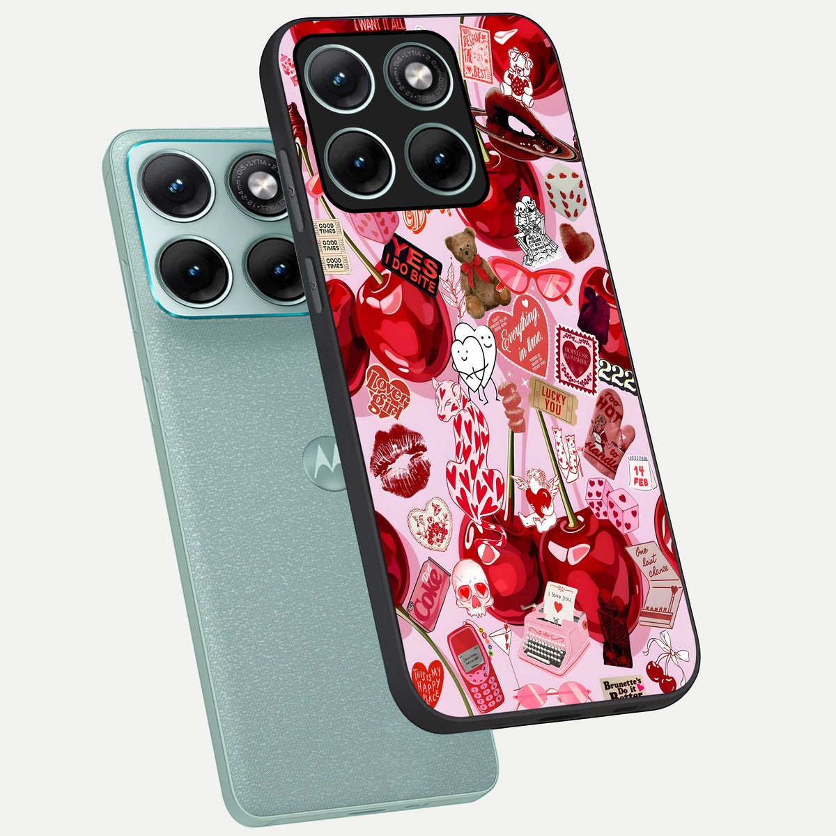 Sweet Cherry Chaos phone case For Moto Edge 70 Fusion showing premium glass back cover with detailed artwork