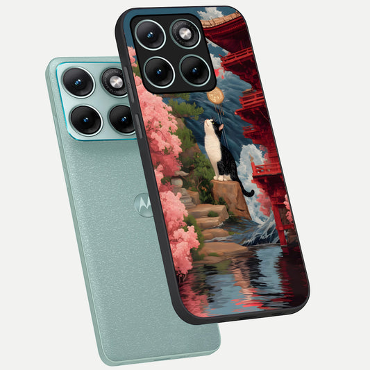  Temple Cat Scenery phone case For Moto Edge 70 Fusion showing premium glass back cover with detailed artwork