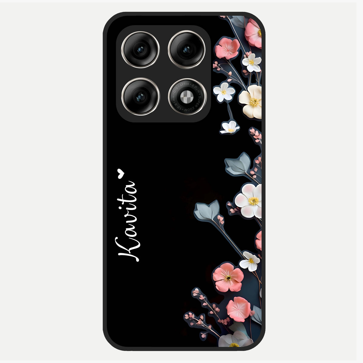 Black Elegance Floral Custom Name Glass Case For Moto Edge 70 Pro back cover – full design glossy printed glass finish