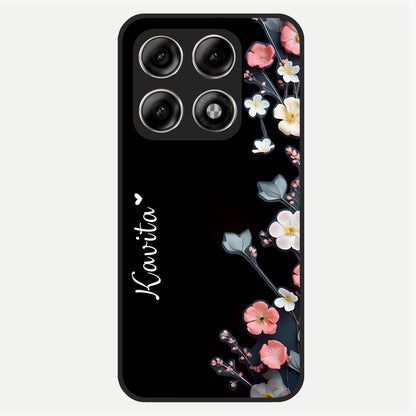  Black Elegance Floral Custom Name Glass Case For Moto Edge 70 Pro back cover – full design glossy printed glass finish