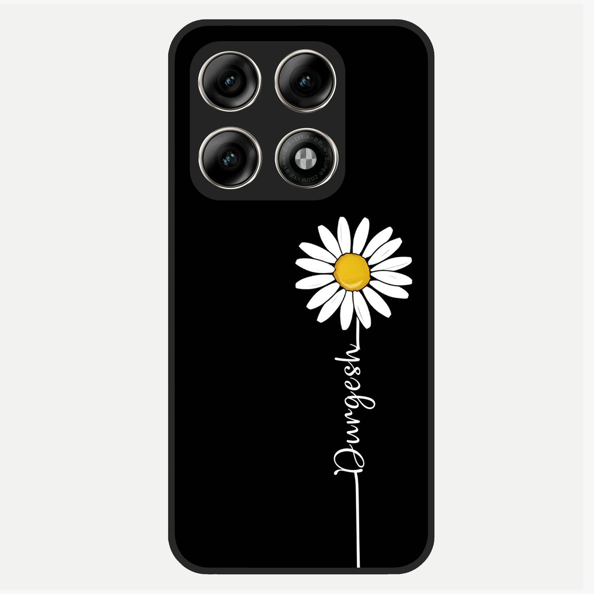  Custom Name White Flower Glass Case For Moto Edge 70 Pro back cover – full design glossy printed glass finish