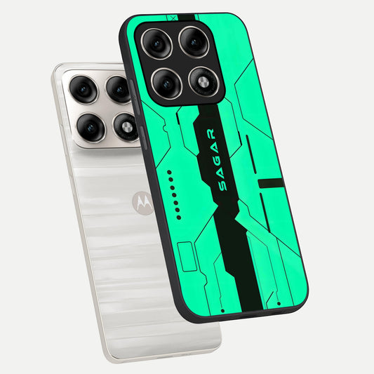  Aqua Tech CYBERPUNK Custom Name phone case For Moto Edge 70 Pro showing premium glass back cover with detailed artwork