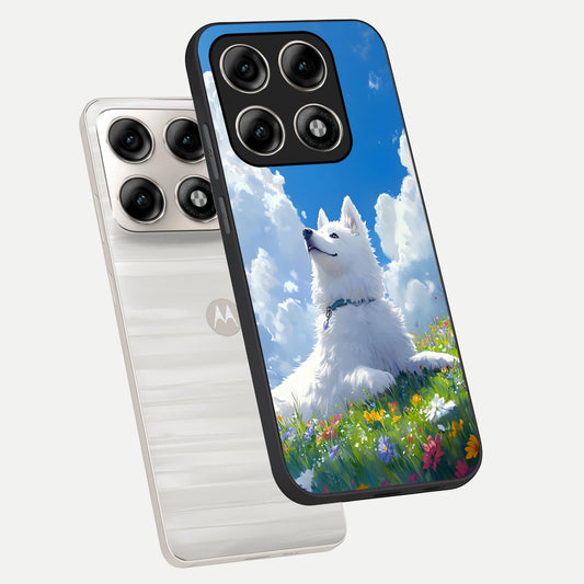  Blissful Cloud Pup phone case For Moto Edge 70 Pro showing premium glass back cover with detailed artwork