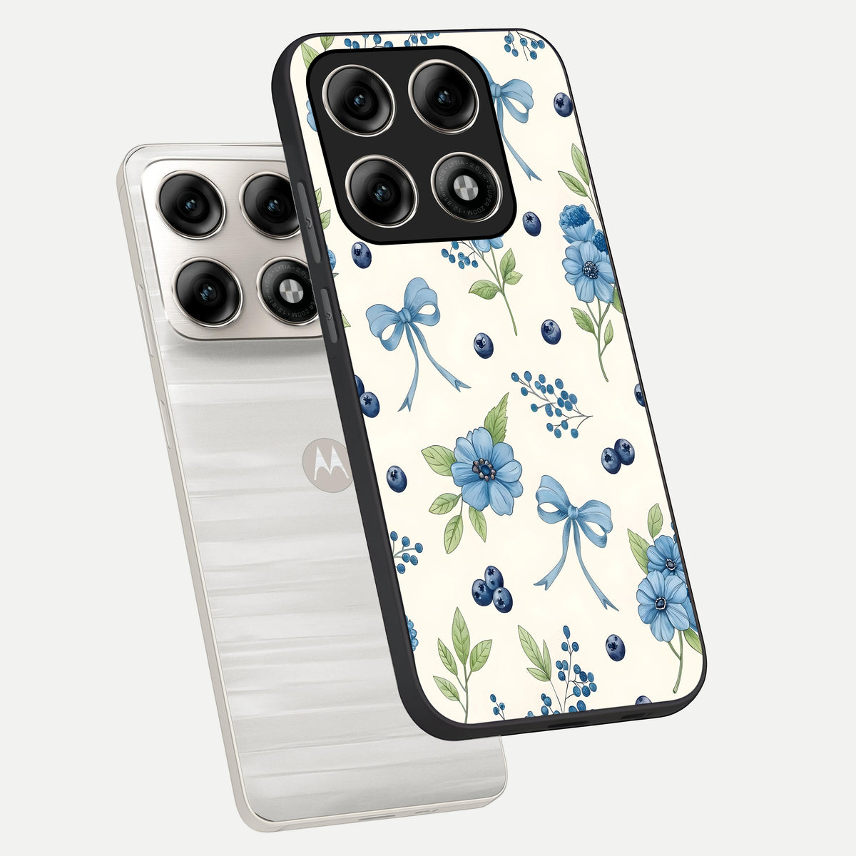 Blue Flower And Bow phone case For Moto Edge 70 Pro showing premium glass back cover with detailed artwork