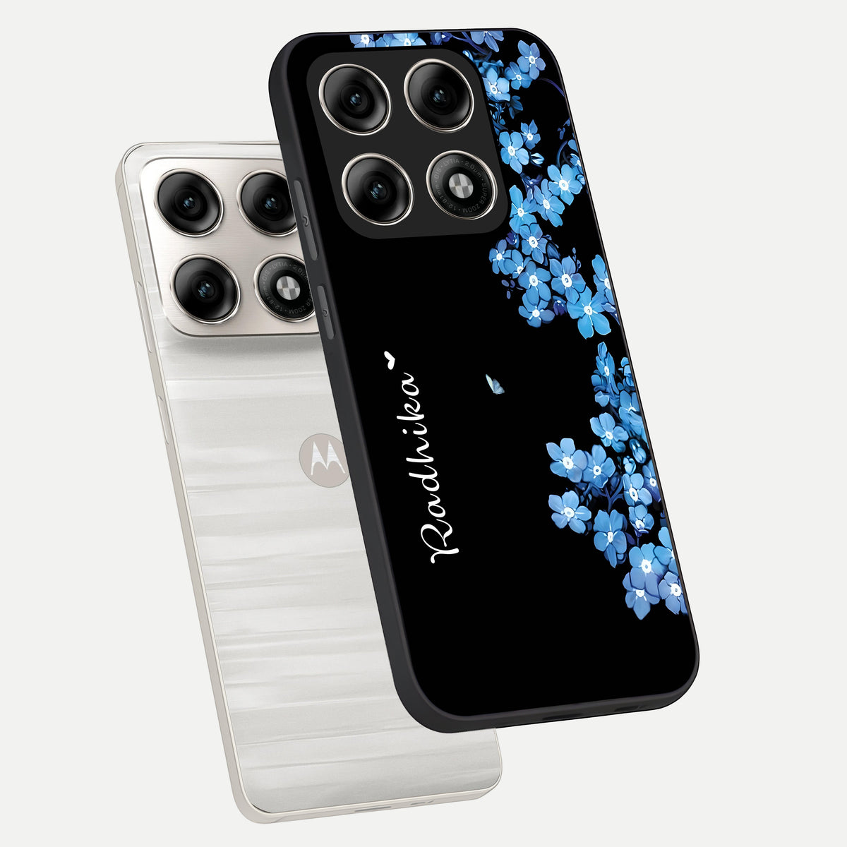  Blue Petal Dream Custom Name phone case For Moto Edge 70 Pro showing premium glass back cover with detailed artwork