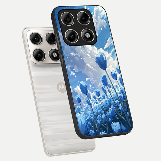  Blue Tulip Clouds phone case For Moto Edge 70 Pro showing premium glass back cover with detailed artwork