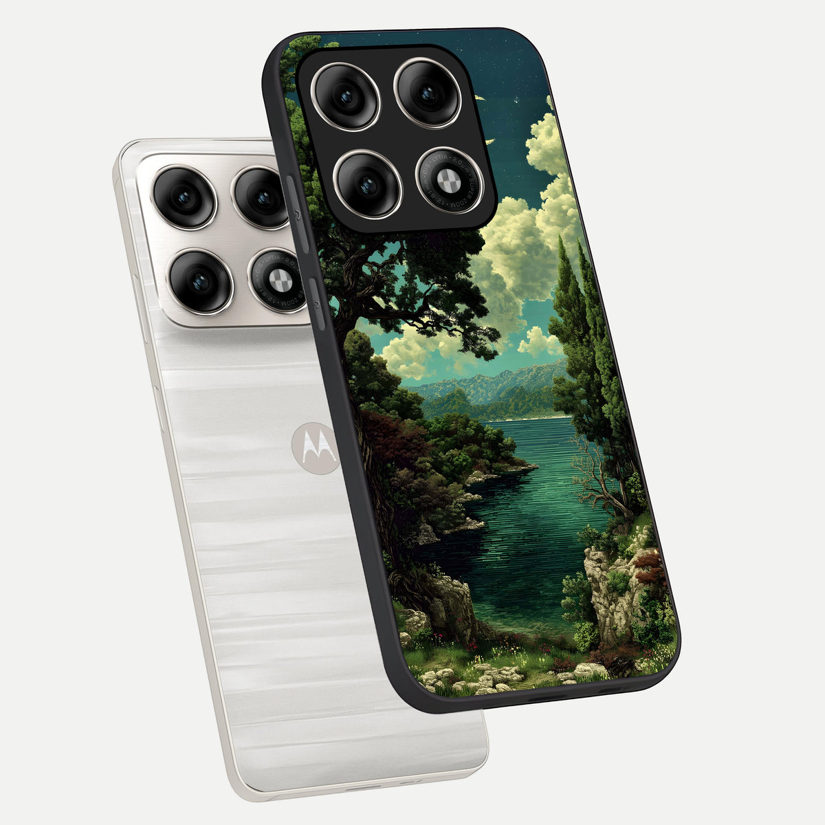 Celestial Lake Peace phone case For Moto Edge 70 Pro showing premium glass back cover with detailed artwork