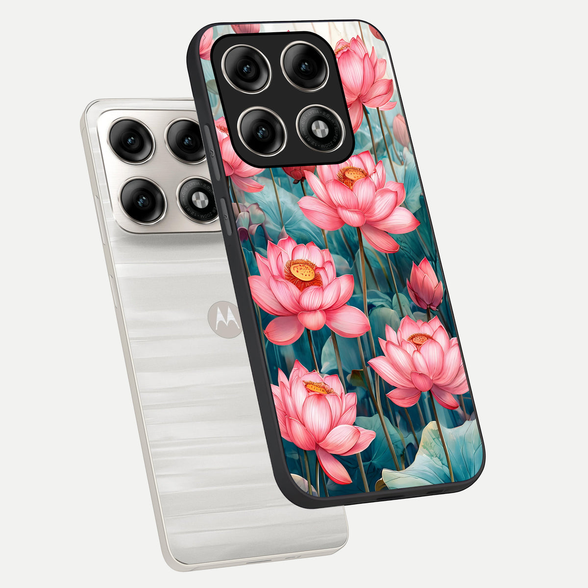  Celestial Pink Lotus phone case For Moto Edge 70 Pro showing premium glass back cover with detailed artwork