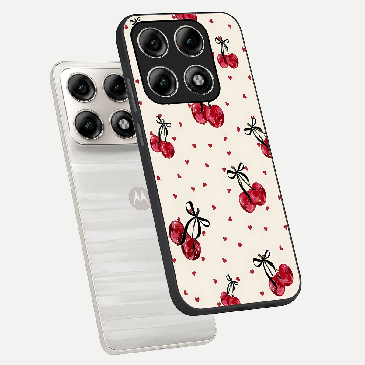  Cherry Heart Bow phone case For Moto Edge 70 Pro showing premium glass back cover with detailed artwork