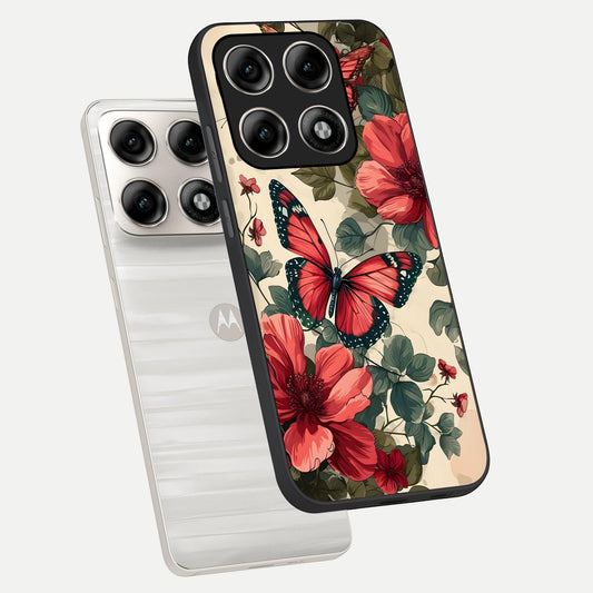  Crimson Butterfly Garden phone case For Moto Edge 70 Pro showing premium glass back cover with detailed artwork