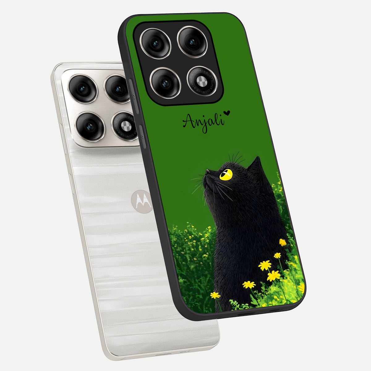  Emerald Cat Custom Name phone case For Moto Edge 70 Pro showing premium glass back cover with detailed artwork