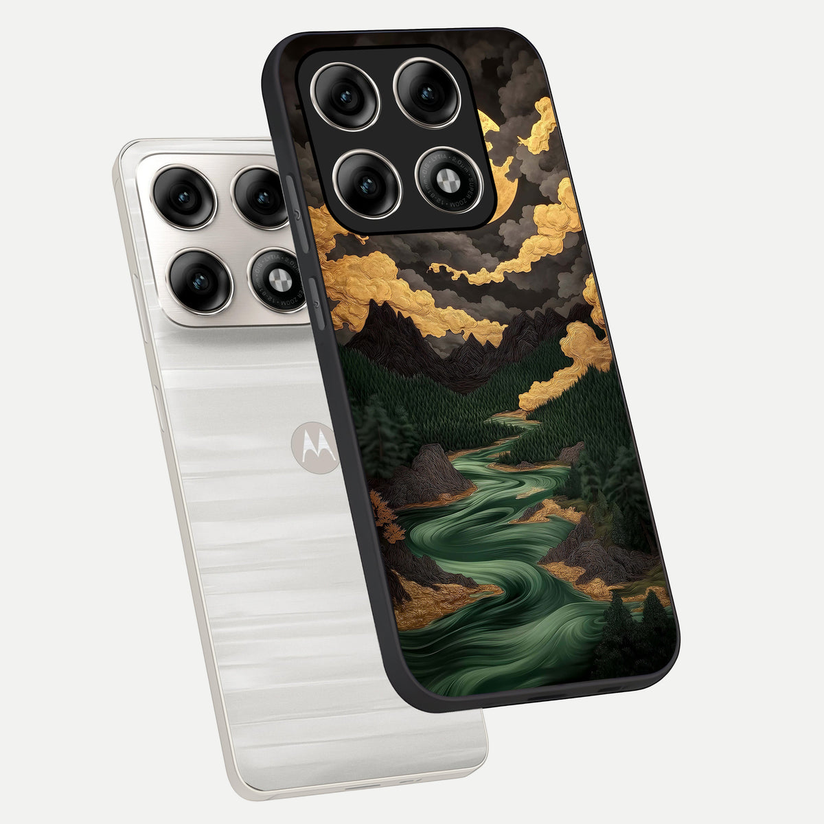  Golden River Moon phone case For Moto Edge 70 Pro showing premium glass back cover with detailed artwork