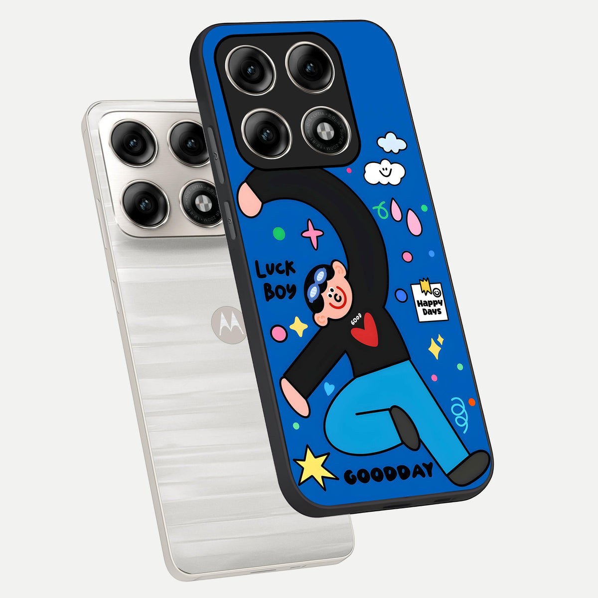  Happy Luck Vibe phone case For Moto Edge 70 Pro showing premium glass back cover with detailed artwork