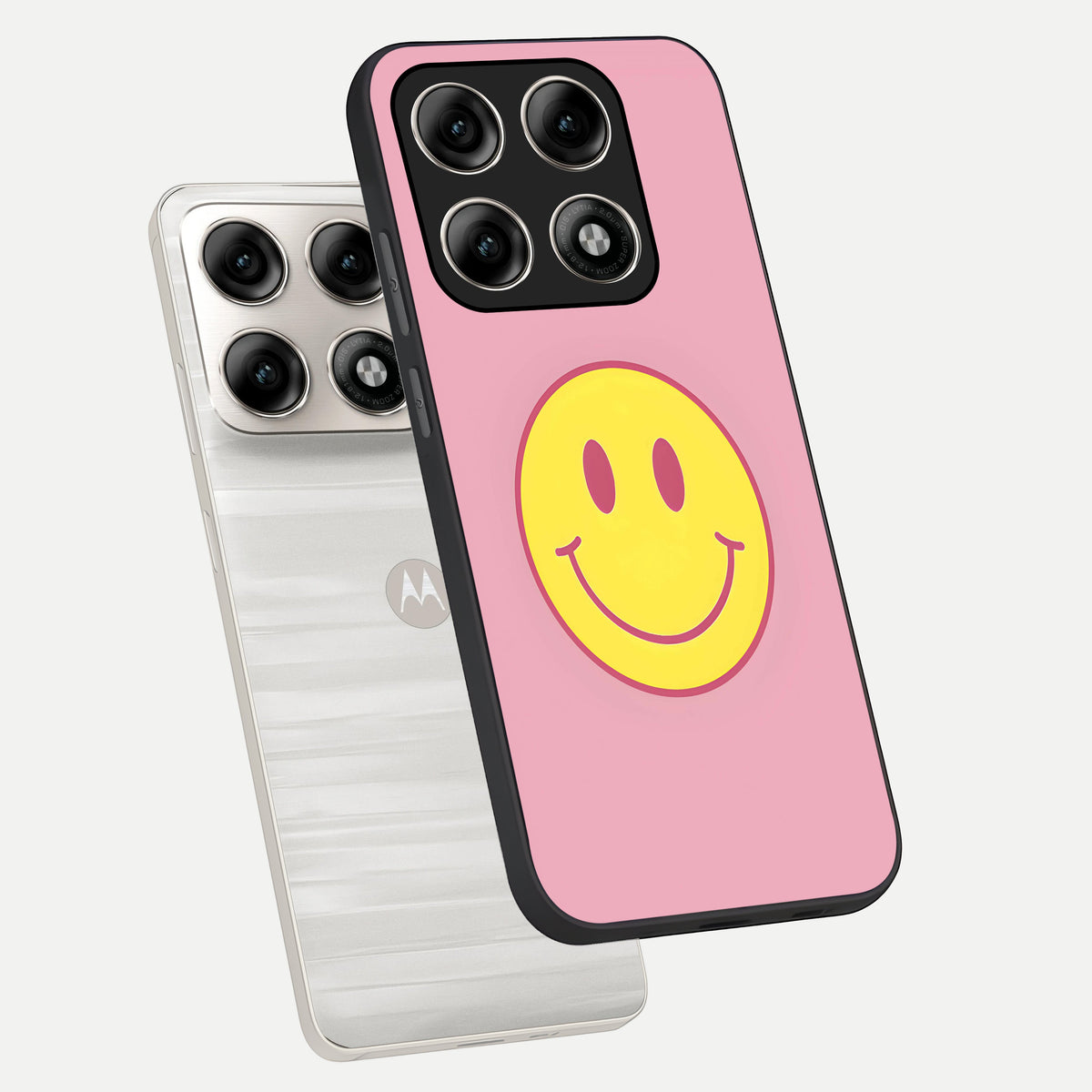  Happy Pink Mood phone case For Moto Edge 70 Pro showing premium glass back cover with detailed artwork