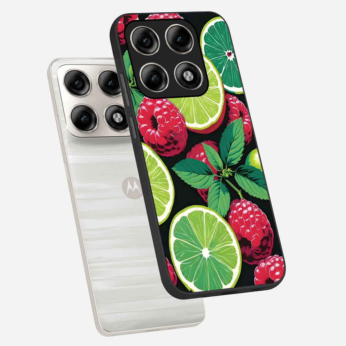  Lime and Raspberry Pattern phone case For Moto Edge 70 Pro showing premium glass back cover with detailed artwork