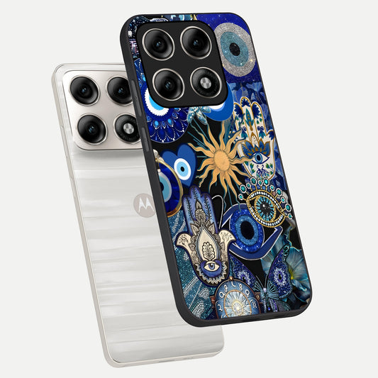  Mystic Blue Evil Eye phone case For Moto Edge 70 Pro showing premium glass back cover with detailed artwork