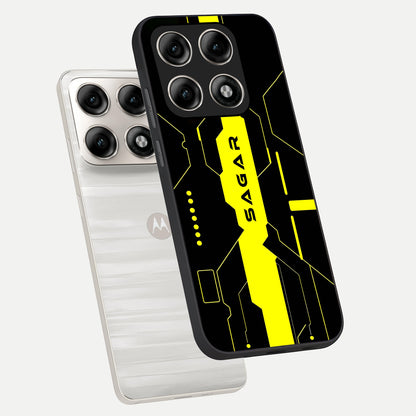  Neon CYBERPUNK Custom Name phone case For Moto Edge 70 Pro showing premium glass back cover with detailed artwork