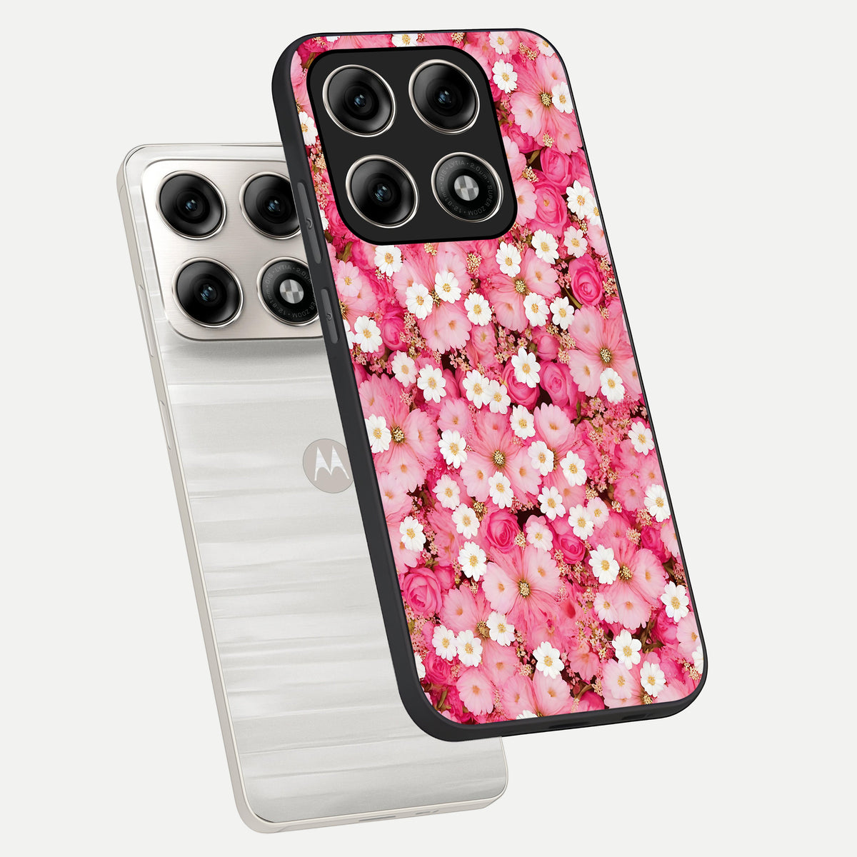  Pink Daisy Bliss phone case For Moto Edge 70 Pro showing premium glass back cover with detailed artwork