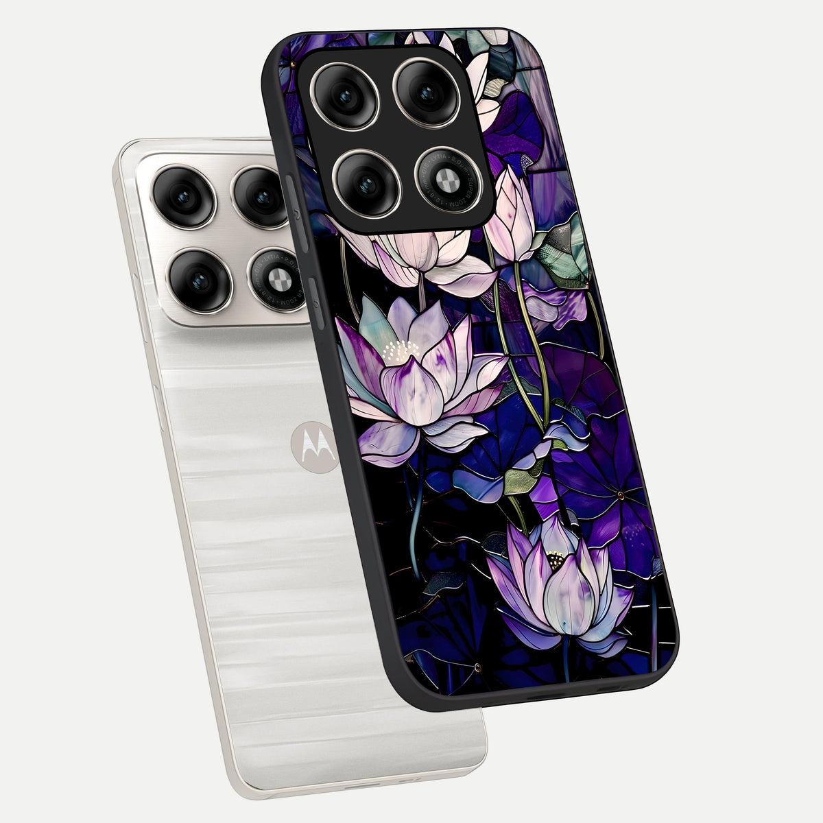  Purple Lotus Pattern phone case For Moto Edge 70 Pro showing premium glass back cover with detailed artwork