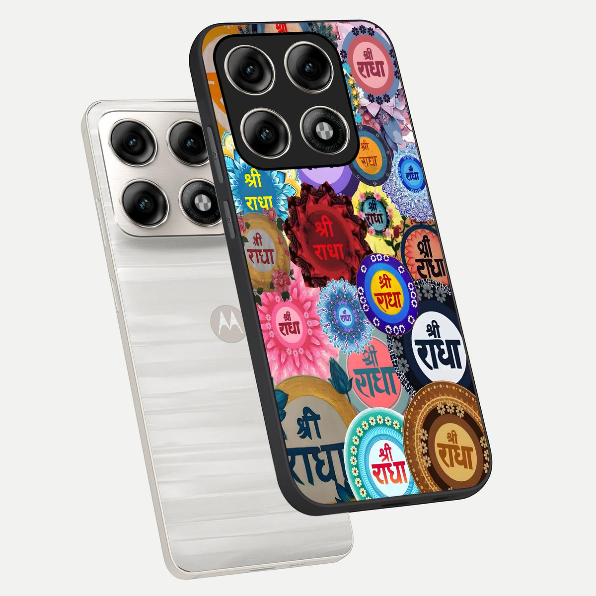  Radha Divine Bloom phone case For Moto Edge 70 Pro showing premium glass back cover with detailed artwork