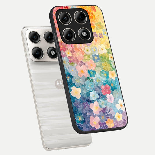  Rainbow Blossom Burst phone case For Moto Edge 70 Pro showing premium glass back cover with detailed artwork