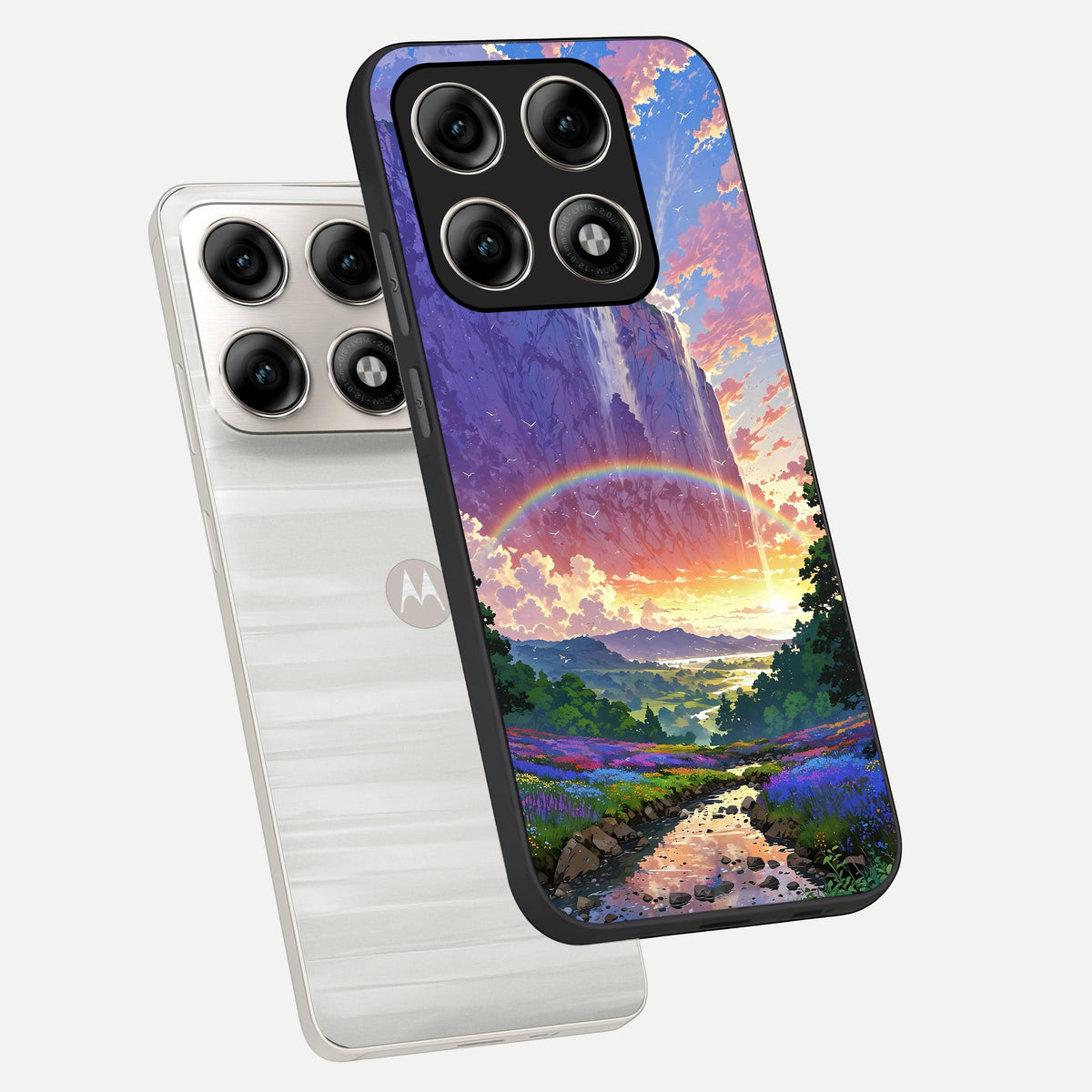  Rainbow Valley Dream phone case For Moto Edge 70 Pro showing premium glass back cover with detailed artwork