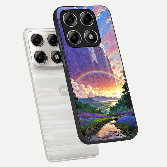 Rainbow Valley Dream phone case For Moto Edge 70 Pro showing premium glass back cover with detailed artwork