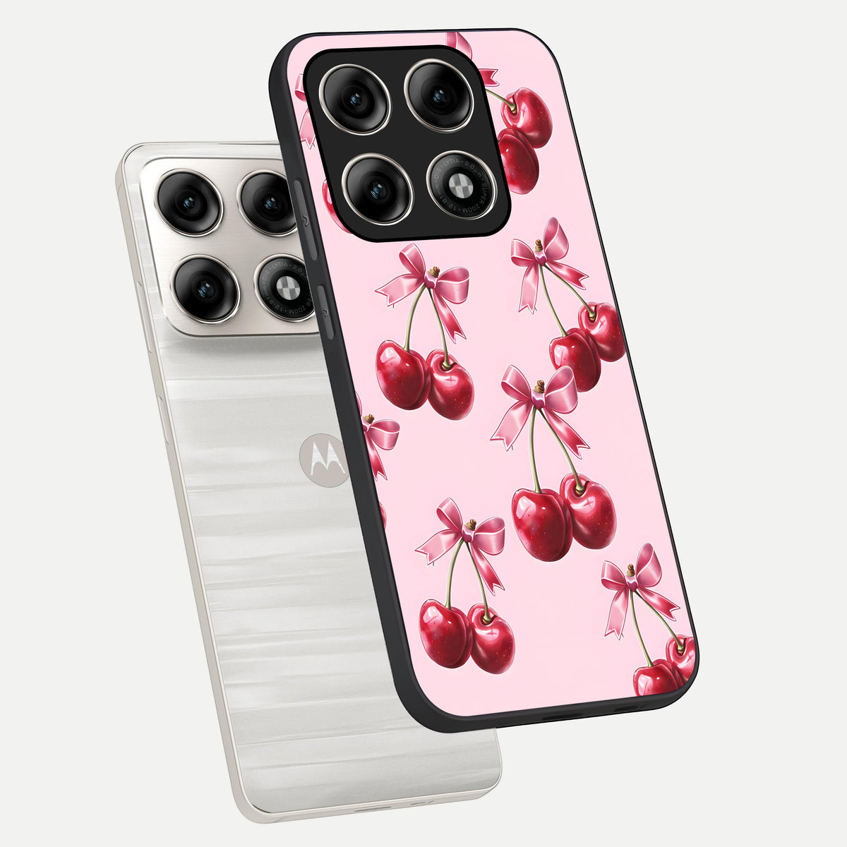  Red Cherries Pattern phone case For Moto Edge 70 Pro showing premium glass back cover with detailed artwork