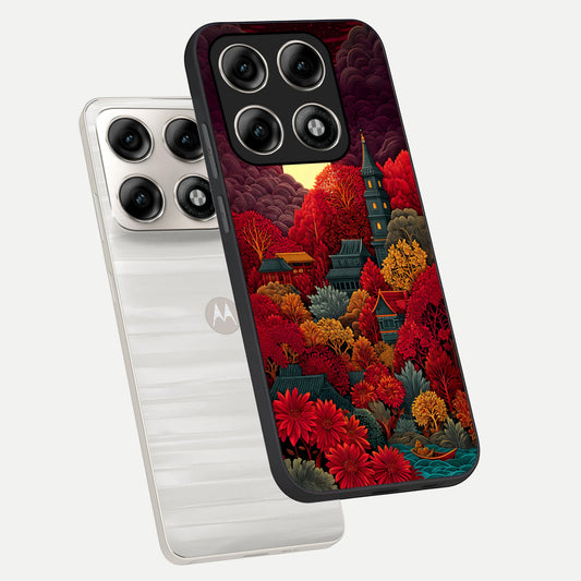  Scarlet Autumn Temple phone case For Moto Edge 70 Pro showing premium glass back cover with detailed artwork