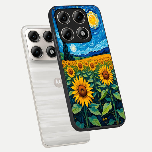  Starry Sunflower Dreams phone case For Moto Edge 70 Pro showing premium glass back cover with detailed artwork