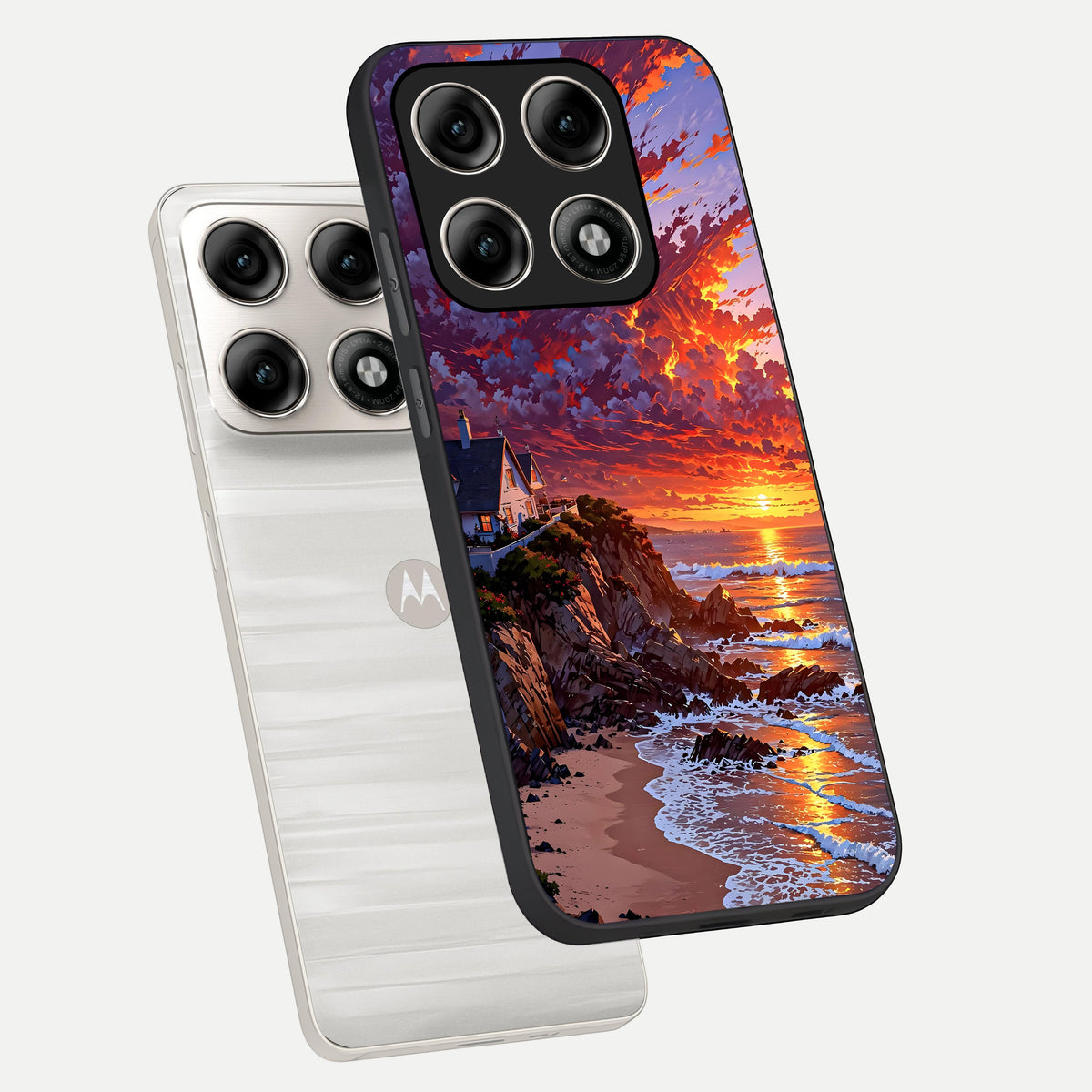  Sunset House By Sea phone case For Moto Edge 70 Pro showing premium glass back cover with detailed artwork