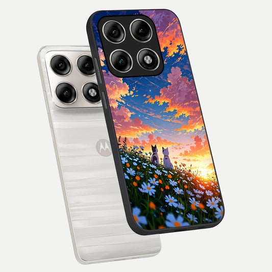  Two Cats Friends phone case For Moto Edge 70 Pro showing premium glass back cover with detailed artwork