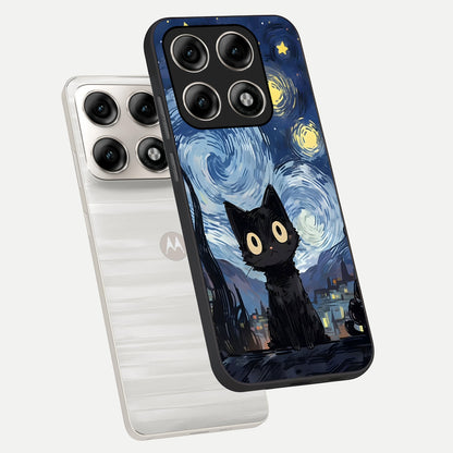  Van Gogh Cat phone case For Moto Edge 70 Pro showing premium glass back cover with detailed artwork