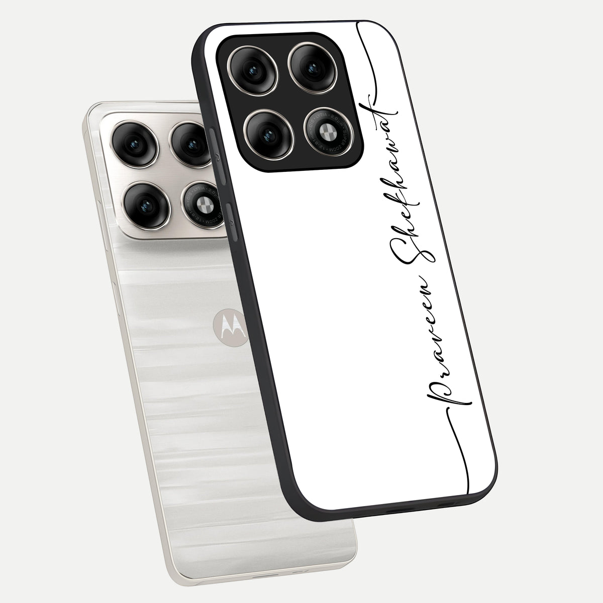  White Tune Custom Name phone case For Moto Edge 70 Pro showing premium custom name glass back cover