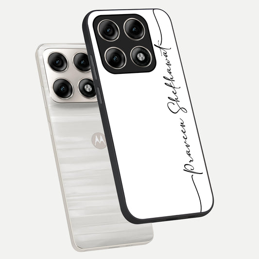  White Tune Custom Name phone case For Moto Edge 70 Pro showing premium custom name glass back cover