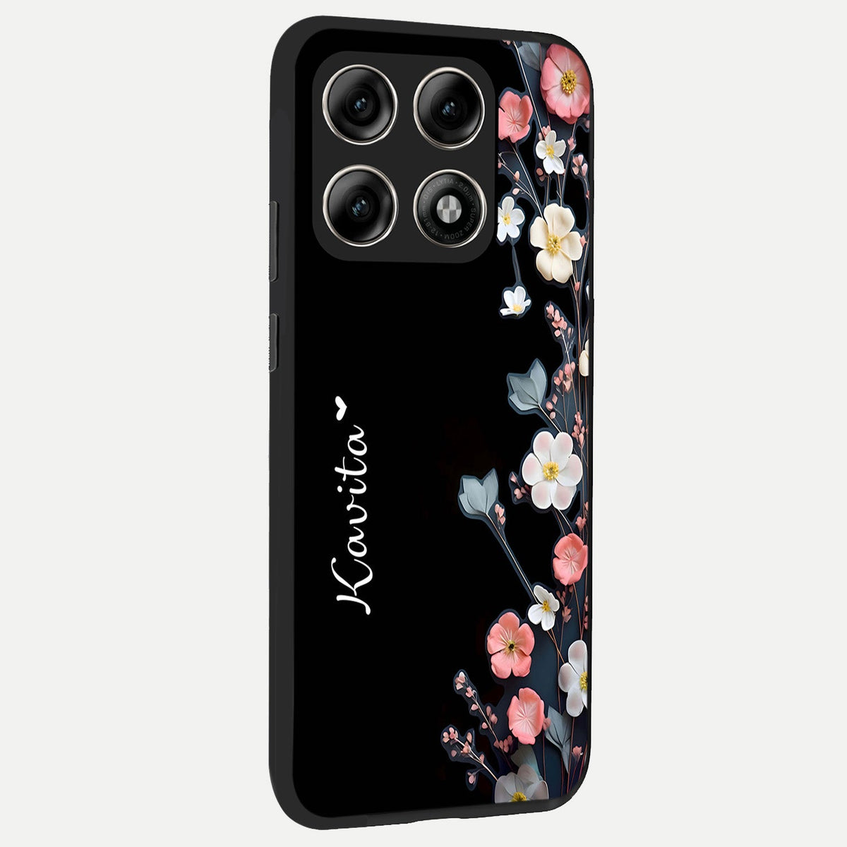  Black Elegance Floral Custom Name back cover For Moto Edge 70 Pro slim fit glass case with vibrant aesthetic design