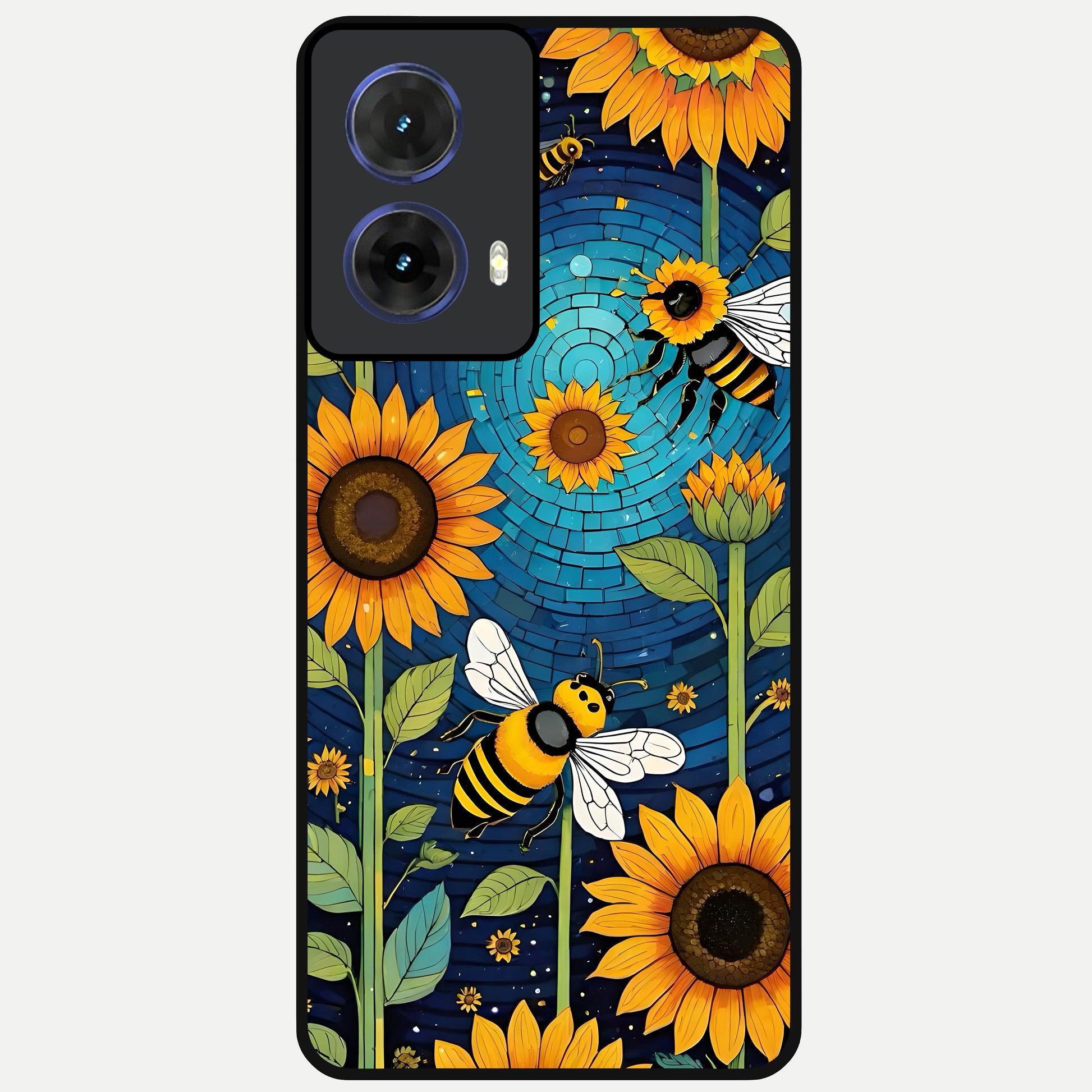  Bees And Sunflowers Glass Case For Moto G85 back cover – full design glossy printed glass finish