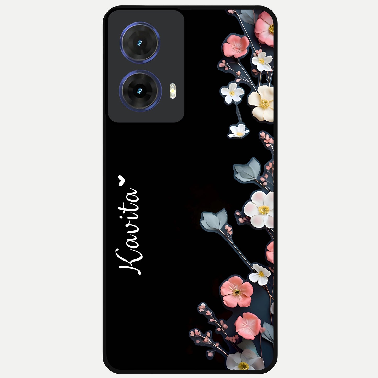  Black Elegance Floral Custom Name Glass Case For Moto G85 back cover – full design glossy printed glass finish