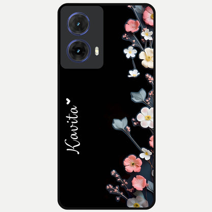  Black Elegance Floral Custom Name Glass Case For Moto G85 back cover – full design glossy printed glass finish