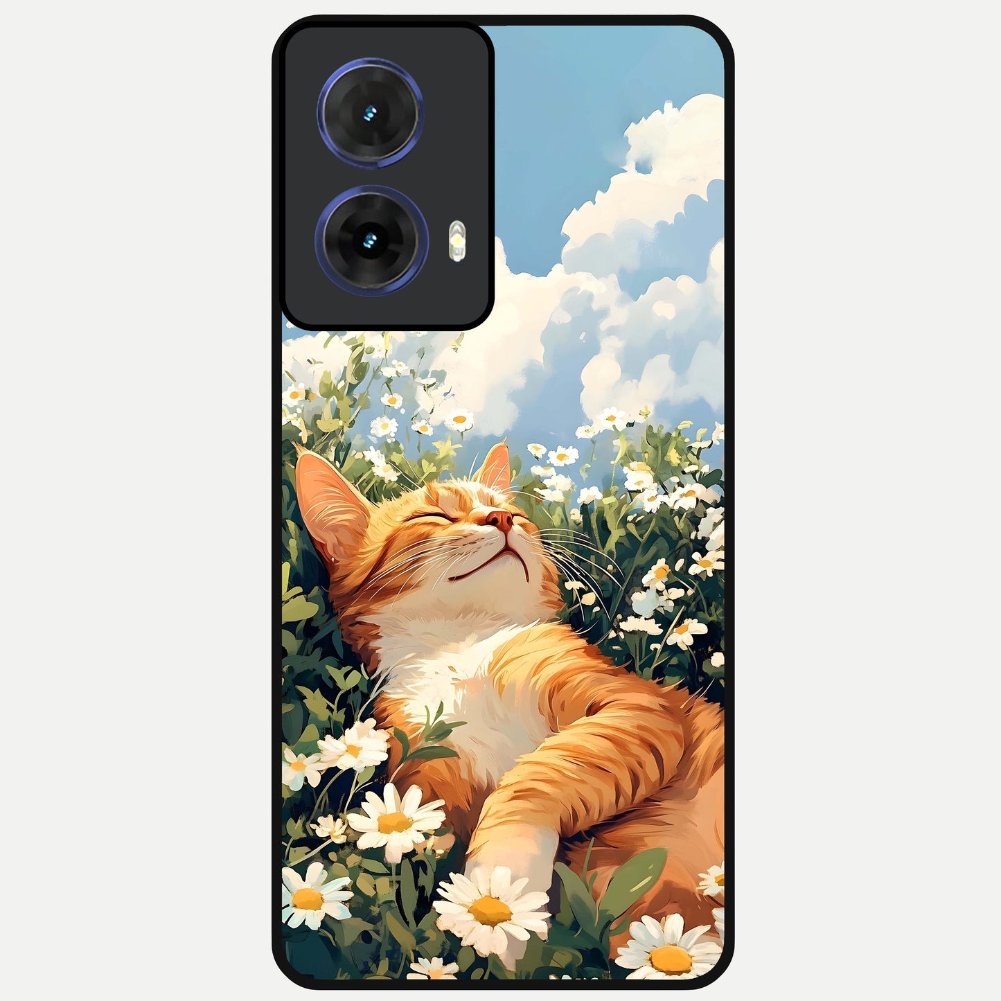  Cat And Flowers View Glass Case For Moto G85 back cover – full design glossy printed glass finish