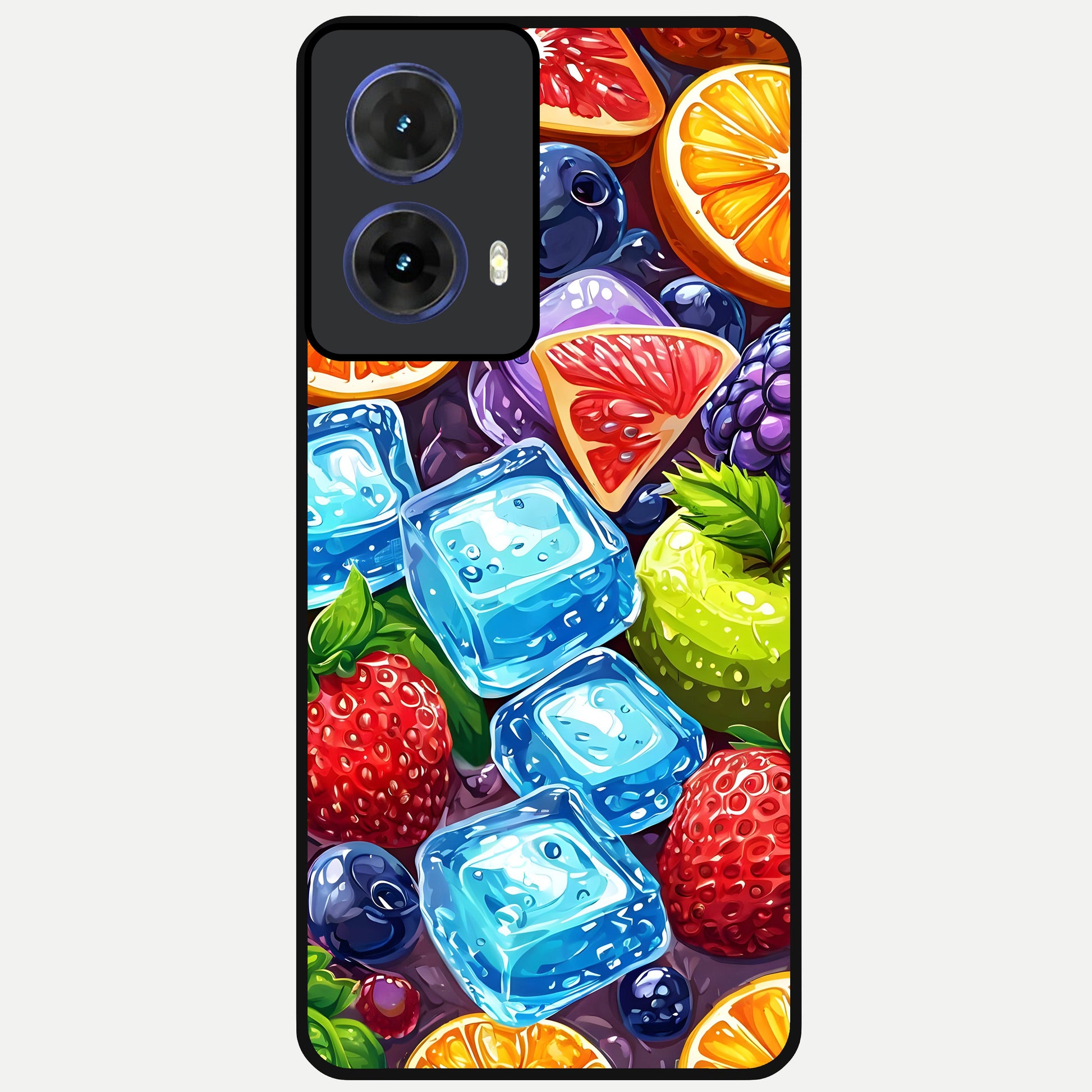  Colorful Fruits with Ice Glass Case For Moto G85 back cover – full design glossy printed glass finish